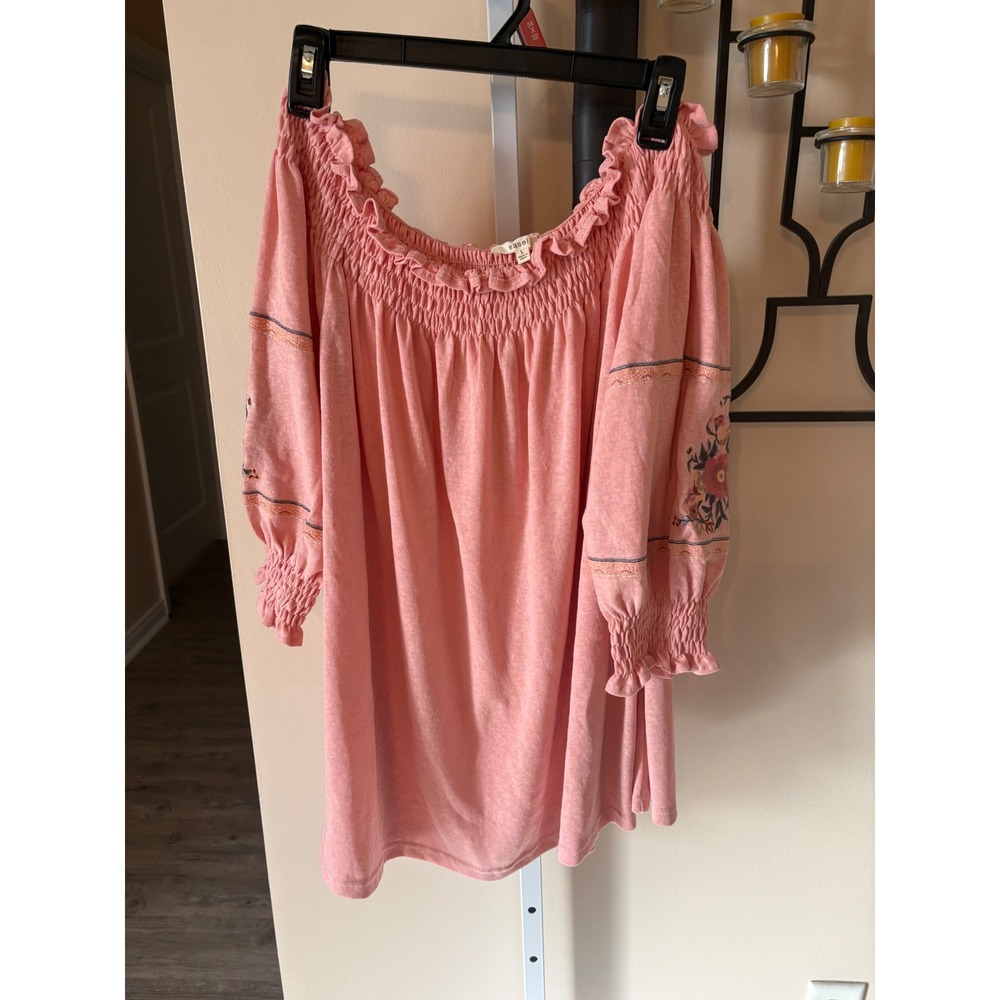 Easel Pink Off The Shoulder Embroidered Floral Boho Peasant Blouse Top Large